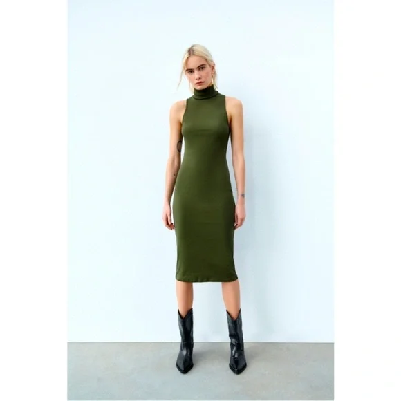 Zara Green Turtleneck Sleeveless Maxi Dress LARGE NWOT - Picture 2 of 9